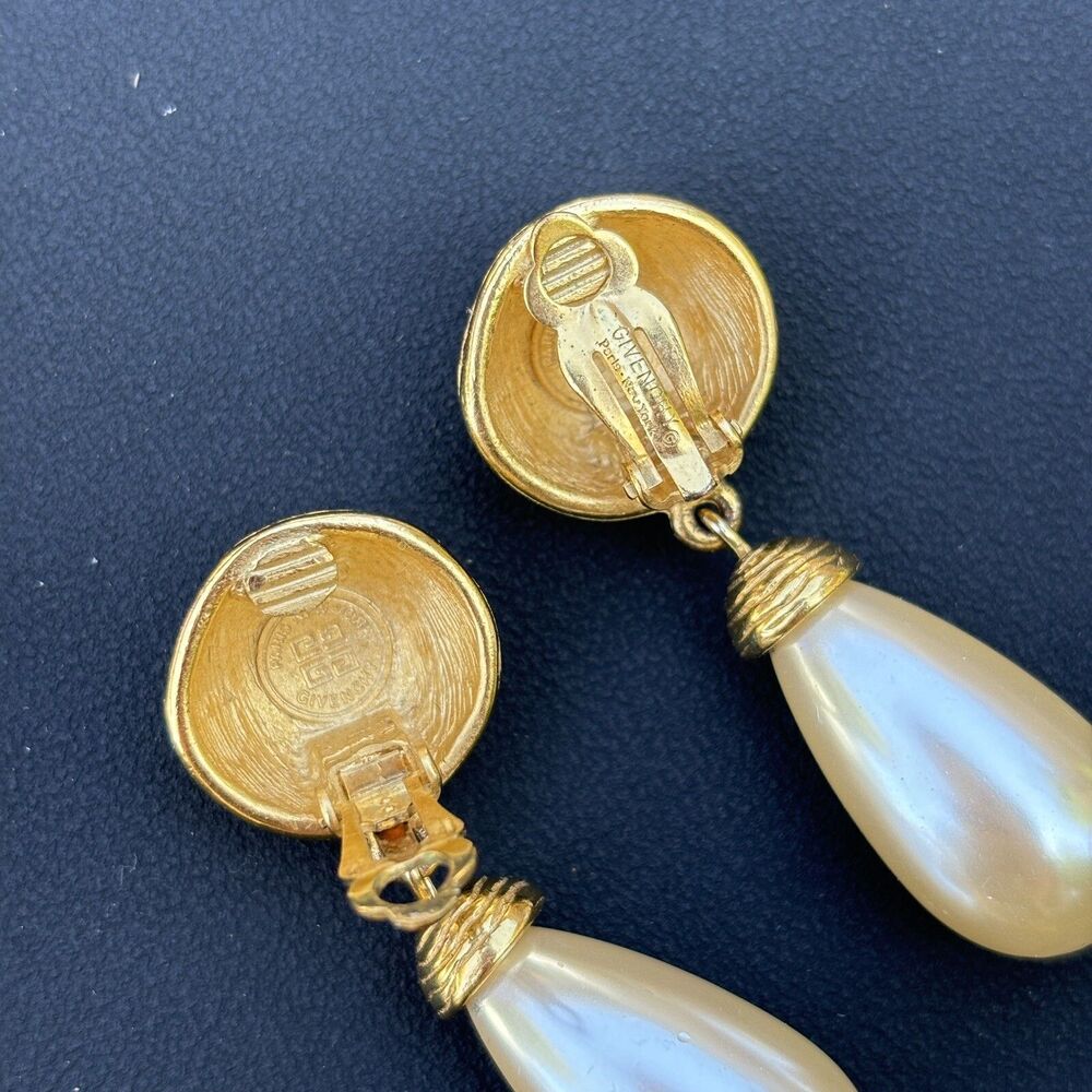 Vintage Givenchy Gold Tone Clip On Dangle Teardrop Earrings Faux Pearl 2" - Picture 4 of 9